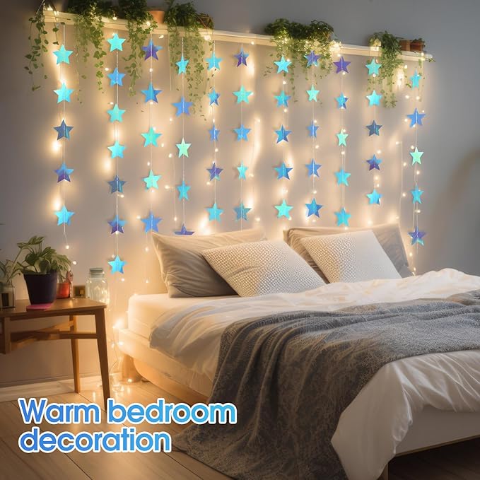 Patelai Glitter Star Garland Banner Christmas Decor 130 Feet Star Hanging Bunting Banner Twinkle Backdrop for Homecoming Classroom Wedding Birthday Halloween Party Supplies(Iridescent Blue)