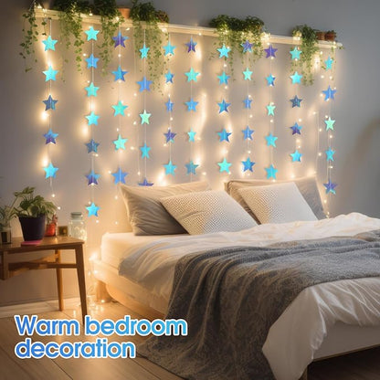 Patelai Glitter Star Garland Banner Christmas Decor 130 Feet Star Hanging Bunting Banner Twinkle Backdrop for Homecoming Classroom Wedding Birthday Halloween Party Supplies(Iridescent Blue)