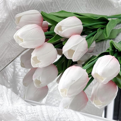 20 Pcs Real Touch Artificial Tulips - Soft White-Pink Fake Flowers, 14" Spring Mother’s Day Easter Home Kitchen Wedding Party Decor (Bulk, Lifelike Latex Texture)