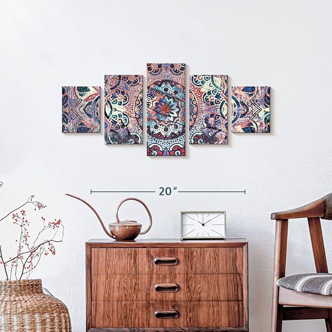 ElephantStock - Mandala Enchantment Wall Art - Horizontal Multi Panel Canvas - 5 Piece Living Room Wall Decor - Digital Art Elements Multi Piece Wall Art - Blue And Beige Decor - 29" x 12"