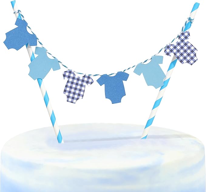 Blue Baby Shower Cake Topper - Blue Bodysuit Gingham Cake Topper,Gender Reveal Decor,Baby Shower Cake Decorations,Gingham Onesie Party Decorations (blue-1)