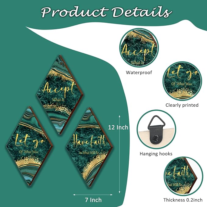 3Pcs Green Gold Bathroom Decor Green Gold Wall Decor with Accept Let Go Have Faith Quote Rustic Vintage Farmhouse Wooden Hanging Signs for Home Laundry Living Bedroom(12x7 inch)
