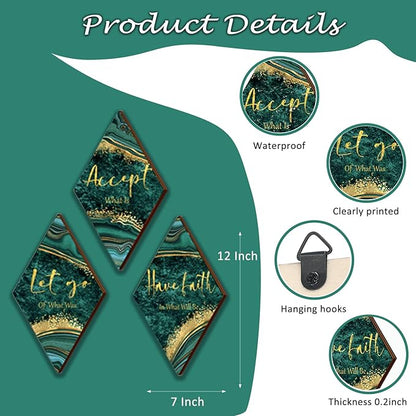 3Pcs Green Gold Bathroom Decor Green Gold Wall Decor with Accept Let Go Have Faith Quote Rustic Vintage Farmhouse Wooden Hanging Signs for Home Laundry Living Bedroom(12x7 inch)