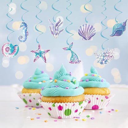Little Mermaid Party Decorations Streamers - 16Pcs Under The Sea Classroom Hanging Swirl Ceiling Decor,Pool Beach Ocean Underwater Girls Birthday Summer Baby Shower Banner Supplies Hugtmr