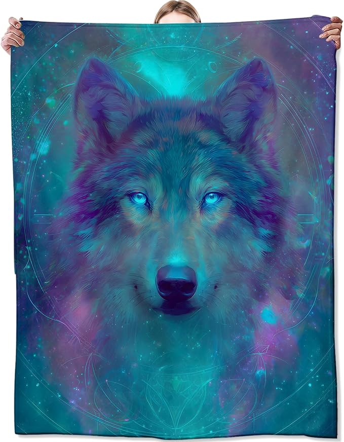 Fantasy Wolf Blanket, Mystical Animal and Galaxy Blankts, Gifts for Adults Kids, Home Dorm Cabin Pet Area Picnic and Travel Decor, Soft Cozy Lightweight Flannel Throw,50"x60"