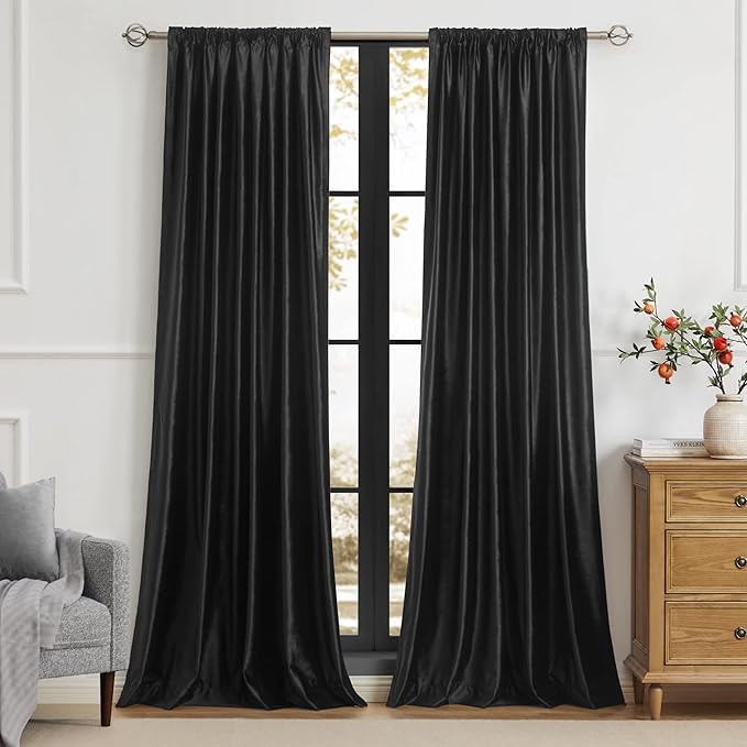 PRIMROSE Black Curtains 96 inch for Living Room Velvet Drapes Blackout Rod Pocket Back Tab Window Treatment Semi Room Darkening Decor Curtains for Bedroom Set of 2 Panels