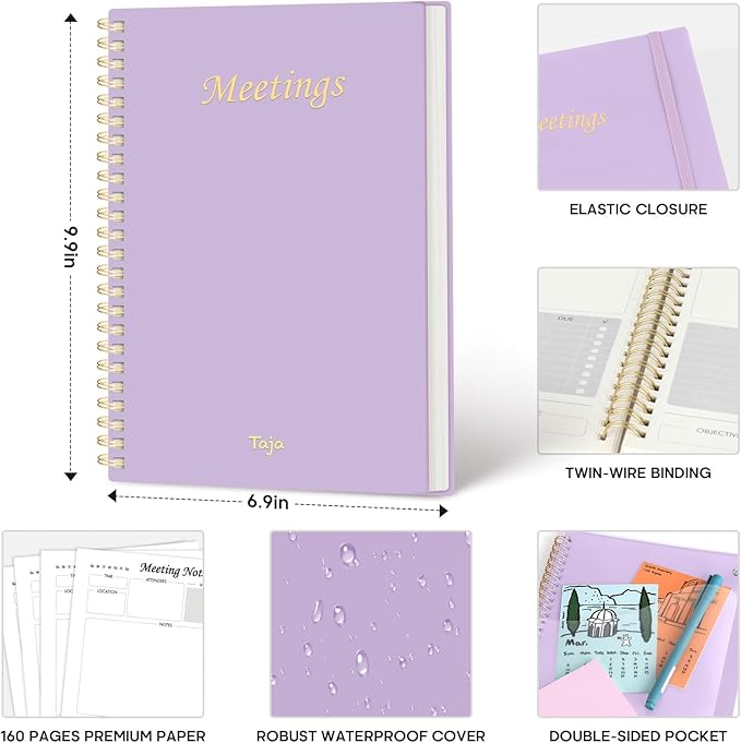 Taja Meeting Notebook for Work Organization - Work Planner Notebook with Action Items, Agenda Planner for Note Taking, 160 Pages (6.9" X 9.9") Project Organizer for Men & Women - Lavender