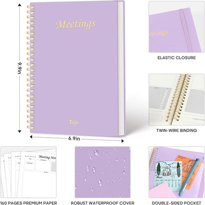 Taja Meeting Notebook for Work Organization - Work Planner Notebook with Action Items, Agenda Planner for Note Taking, 160 Pages (6.9" X 9.9") Project Organizer for Men & Women - Lavender
