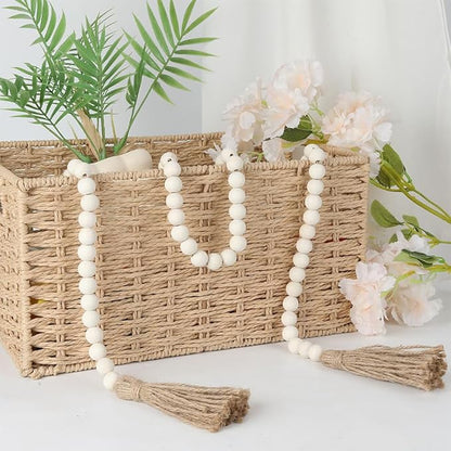 Wood Bead Garland 58 Inch Nature Wooden Beads for Boho Farmhouse Table Home Decor with Tassel, Wooden Prayer Bead, Rustic Country Boho Wall Hanging Decor for Kitchen Modern Living Room Tray Vase Shelf