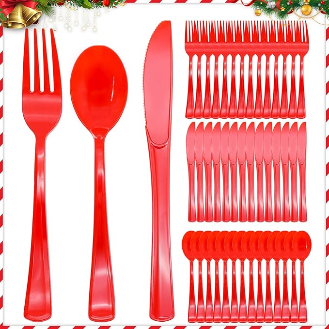 300 Pcs Red Plastic Silverware, Red Plastic Utensils, Disposable Cutlery Heavy Duty, 100 Forks, 100 Spoons, 100 Knives for Birthday, BBQ, Christmas