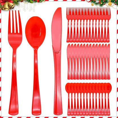 300 Pcs Red Plastic Silverware, Red Plastic Utensils, Disposable Cutlery Heavy Duty, 100 Forks, 100 Spoons, 100 Knives for Birthday, BBQ, Christmas
