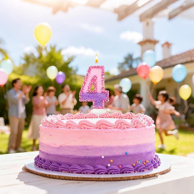 Birthday Number Candles for Cake, Pink Purple Glitter Number Candles for Cake Toppers, Ideal Birthday Parties Cake Decor, Wedding Anniversary and Other Celebrations (4 Candle)
