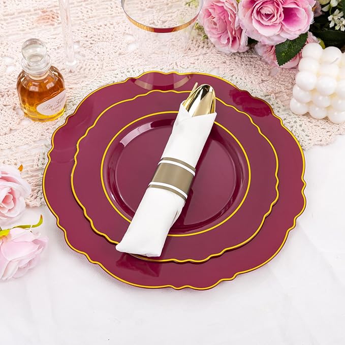 Liacere 350PCS Red Plastic Plates-Disposable Burgundy Red and Gold Plates 50guest Baroque Plastic Dinnerware include 100Plates, 50Pack Pre Rolled Napkins with Silverware 50Cups for Christmas