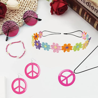 Hippie Costume Accessories Set Peace Sign Necklace Sunglasses Flower Headband Earrings for 60s 70s Outfit Party Women