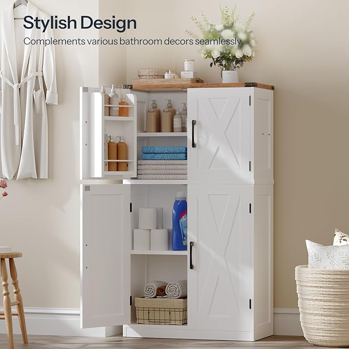 HOOBRO Bathroom Storage Cabinet, Farmhouse Freestanding Floor Cabinet with 2 Extra Hidden Storage Doors, Adjustable Shelves, Large Capacity, Easy Assembly, 11.8 x 23.6 x 43.5 Inches, White and Walnut