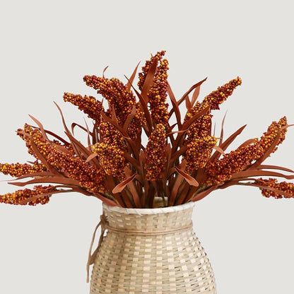 KBREE 16" Artificial Fall Grain Bundles for Thanksgiving Decoration, 4 Packs Rustic Harvest Sheaves with Aged Leaves, Faux Grain Bouquets for Thanksgiving Table Centerpiece, Farmhouse Decor (Russet)
