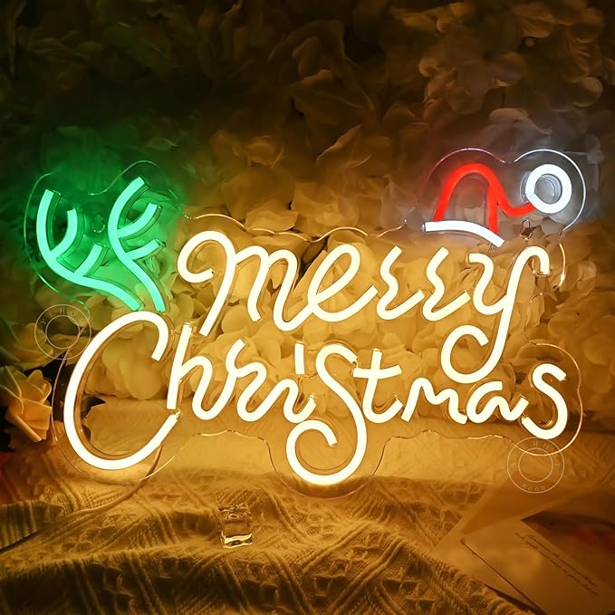 SYLHOME Merry Christmas Led Neon Light Sign Santa Hat Christmas Tree Party Home Bedroom Wall Sign Decor Backdrop Xmas Decor 15.75" X 9.8" USB Warm White