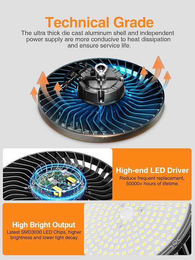 300W Super Bright UFO LED High Bay Lights 8 Pack 6000K Daylight, 45000lm, Led Shop Lights (1200W MH/HPS Eqv.) with US Plug 5ft Cable for Garage Plug & Play Lighting for Warehouse