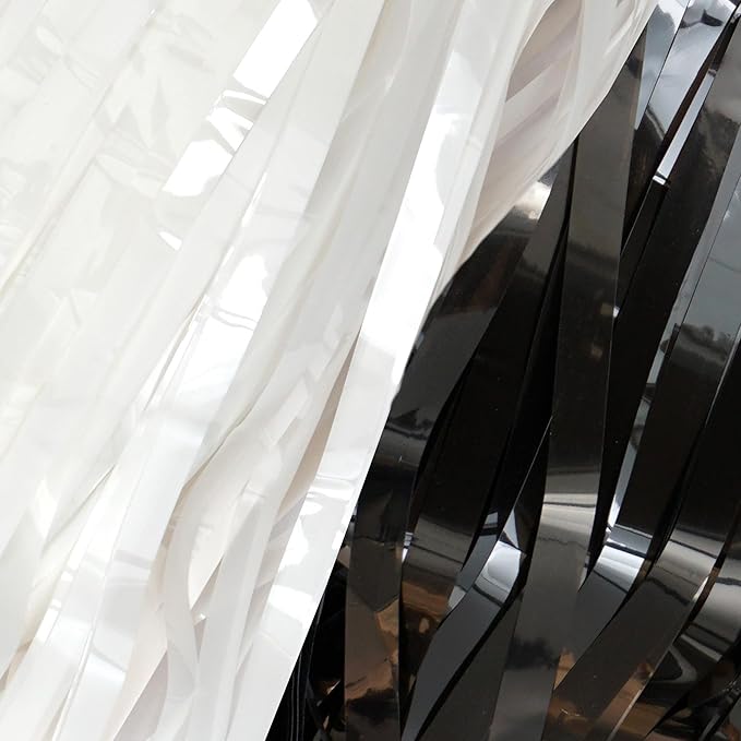 2 Pack Black & White Streamers Party Backdrop, 39"W x 78"L Modern Foil Fringe Curtains, Black & White, Holiday Theme