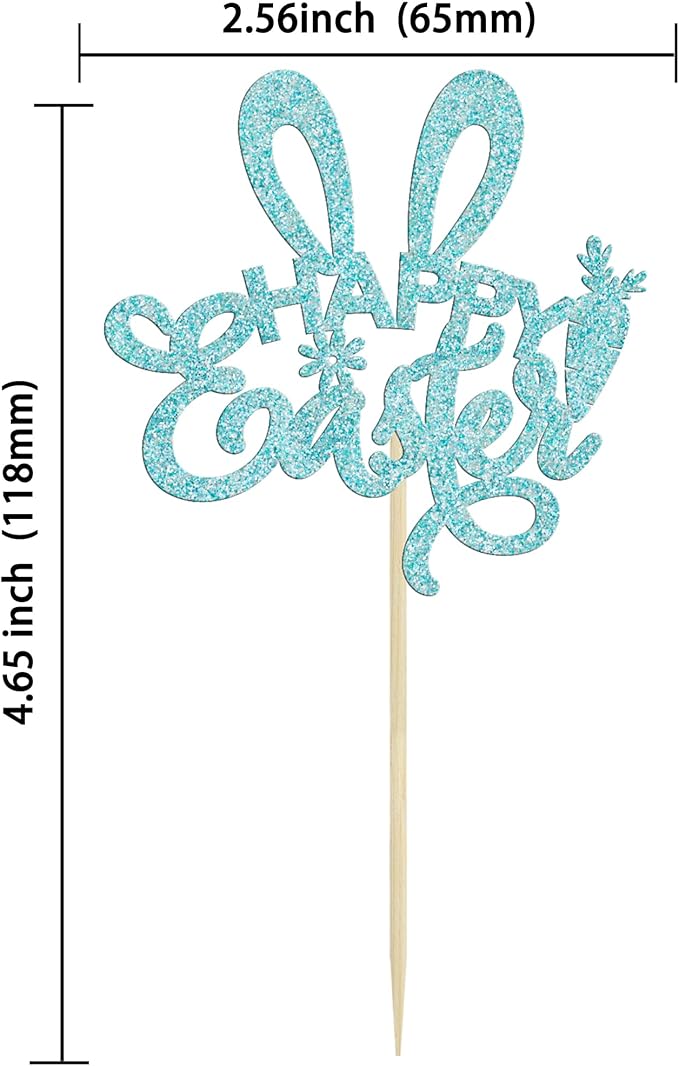 Ephlyn 24Pcs Happy Easter Cupcake Toppers - Blue Glitter Rabbit Ear Picks Decorations for Easter Day Theme, Baby Shower, Kids Birthday Party Supplies