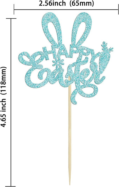 Ephlyn 24Pcs Happy Easter Cupcake Toppers - Blue Glitter Rabbit Ear Picks Decorations for Easter Day Theme, Baby Shower, Kids Birthday Party Supplies
