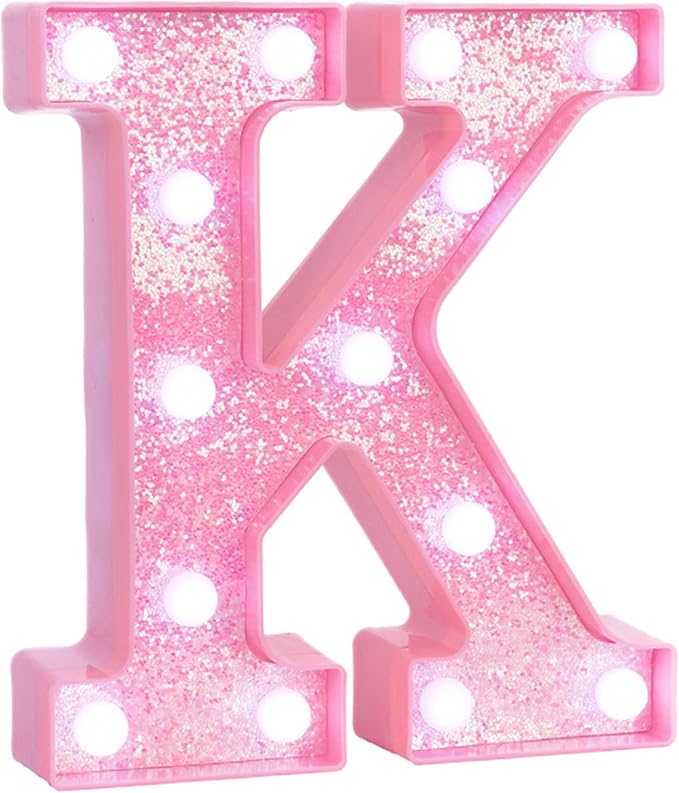 Pink LED Marquee Light Up Letters, Glitter Alphabet Letter Lights for Birthday Party Decorations, Battery Operated Letter Signs for Girls Room Table Decor, Pink letter K with Cool White Lights