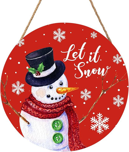 Christmas Snowman Front Door Sign Snowflake Wood Door Hanger for Outdoor Outside Porch xtmas Decorations Welcome Sign Farmhouse Round Wall Hanging Christma Wreath Xmas Decor for Home 12"x12"
