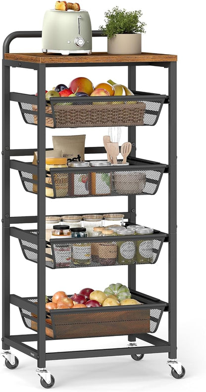 VASAGLE Storage Rolling Cart with Pull-Out Baskets, 5-Tier Utility Cart Orgnizer with Wheels for Laundry Room, Kitchen, Handle, 12.5 x 15.8 x 37.4 Inches, Rustic Brown and Ink Black ULRC041K01