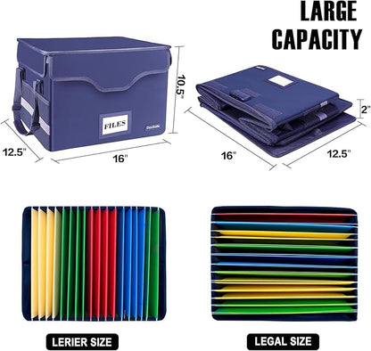 DocSafe Fireproof Document Box with Lock, File Storage Organizer with Mesh Pockets, Collapsible Portable File Box Home Office Safe Filing Cabinet with Handle for Hanging Letter/Legal Folder, Blue