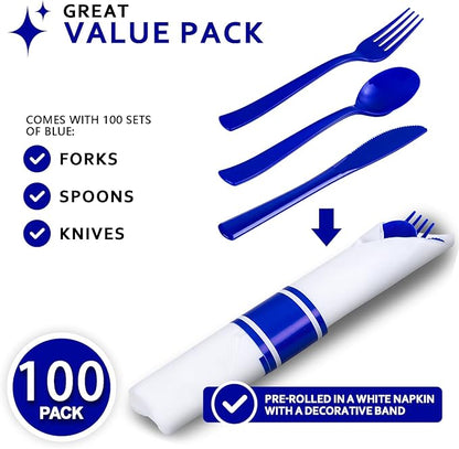 400PCS Pre Rolled Blue Plastic Silverware Sets - Heavy Duty Blue Cutlery - Include 100 Pack Wrapped Disposable Utensils with Napkins for Parties & Dinners & Weddings