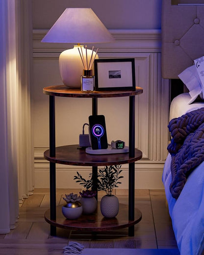 Small Round End Table - 3 Tier Design Accent Table, Narrow Side or Bedside Stand, Industrial Vintage Table for Small Spaces, Built-in USB Ports and Power Outlet, Rustic Brown