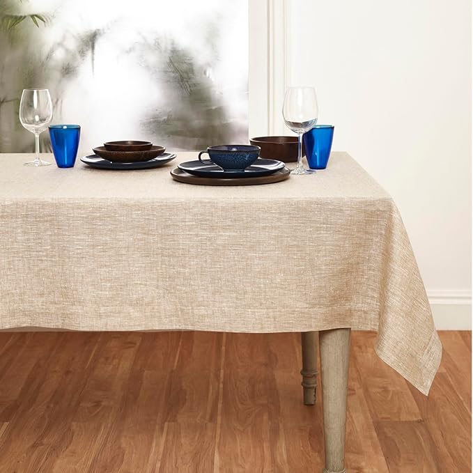 Solino Home Linen Tablecloth 60 x 132 Inch - 100% Pure Linen Champagne Beige Table Cloth for Rectangle Tables - Athena, Machine Washable Tablecloth for Fall, Autumn, Christmas, Holiday, New Year