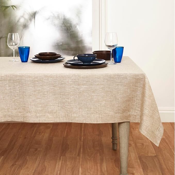 Solino Home Linen Cloth Tablecloth 52 x 52 Inch - 100% Pure Linen Champagne Beige Square Tablecloth - Athena, Machine Washable Table Throw for Fall, Autumn, Holiday