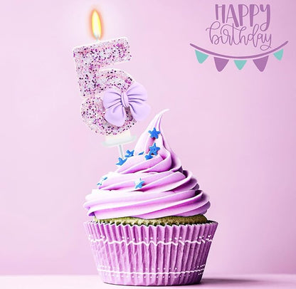 Birthday Candle for Cake, 5 Candle - Purple Glitter with Bowknot, 2.76 inch Cake Topper Decoration for 5 Years Old Birthday Party (Number 5)