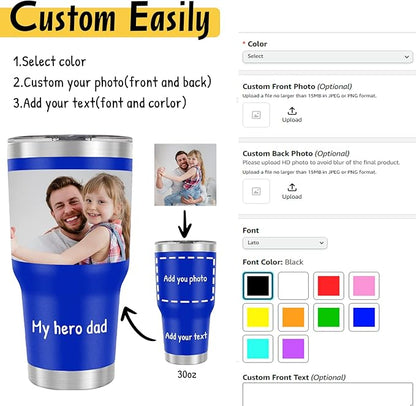 Personalized Coffee Tumbler with Pictures Text Name, Custom Photo Stainless Steel Coffee Tumbler, Coffee Travel Mug Cup 30 Oz, Custom Gifts for Father's Day Birthday Christmas for Dad, Mom, Friend