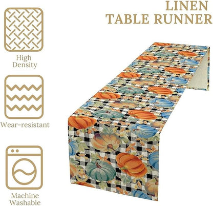 Fall Pumpkin Table Runner Black White Plaid Maple Leaves Watercolor Illustration Rustic Thanksgiving Home Decor for Farmhouse Indoor Outdoor Party Holiday Dining Kitchen Restaurant Cafe W13xL60in