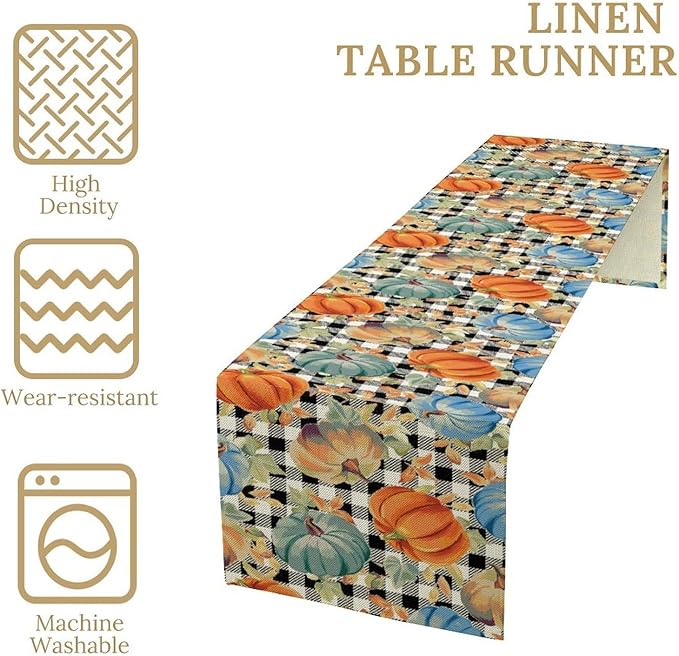 Fall Pumpkin Table Runner Black White Plaid Maple Leaves Watercolor Illustration Rustic Thanksgiving Home Decor for Farmhouse Indoor Outdoor Party Holiday Dining Kitchen Restaurant Cafe W13xL108in