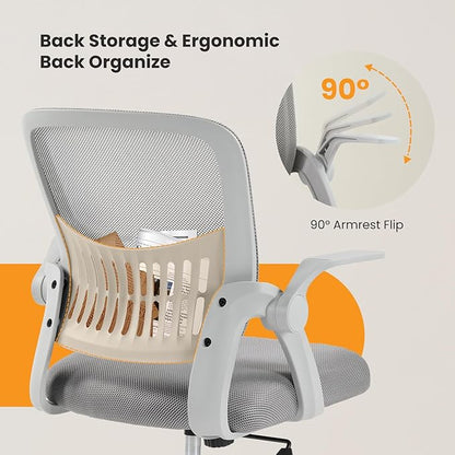 Sweetcrispy Home Office Managerial Executive Chair, Flip Up Armrest Ergonomic Mesh Adjustable Swivel Mid-Back Computer Desk Chair with Comfortable Lumbar Support, Comfy Arms for Bedroom,Study