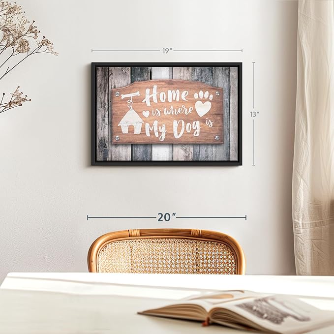Elephant Stock Home Is Where My Dog Is Wall Art - Horizontal Floating Framed Canvas - 1-Piece Living Room Wall Decor - Pet Digital Art Canvas Print - Gray and Beige Decor for Wall - 19" X 13"
