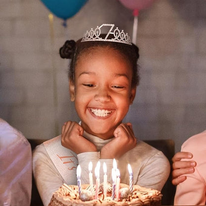 CIEHER 7th Birthday Crown + Sash + Pearl Pin Set, Girls' 7th Birthday Gifts and Happy Party Decorations