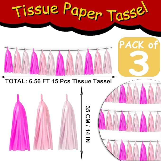 3P Maca-Rose Red Pink LightPink Tassel Banner Garland Foil Fringe Banner Tinsel Banner Backdrop for Parade Floats, Wall Hanging Curtain Parade Floats, Graduation Decorations, Wedding Party Decoration