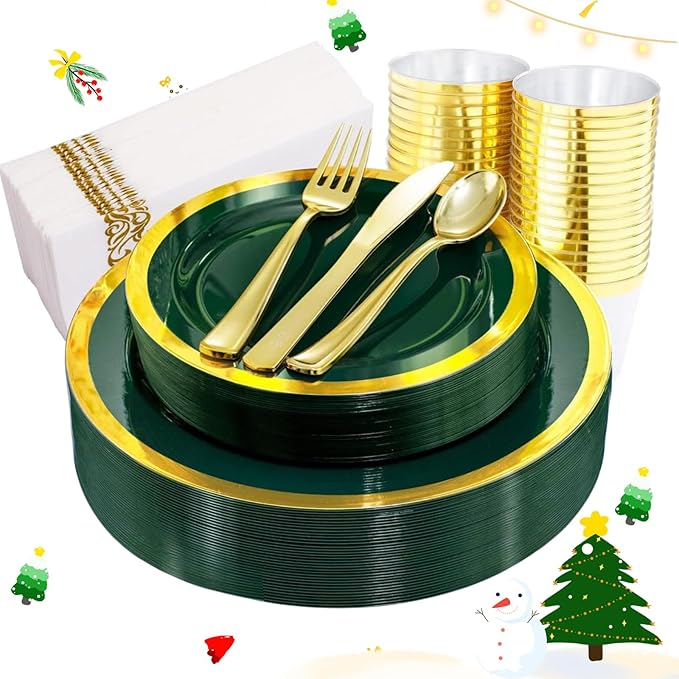 Liacere 175PCS Green Plastic Plates - Emerald Green Party Plates - Disposable Gold Plastic Plate include 50Plates, 25Knives, 25Forks, 25Spoons, 25Cups, 25Napkins for Football Party & Christmas