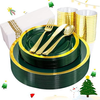 Liacere 175PCS Green Plastic Plates - Emerald Green Party Plates - Disposable Gold Plastic Plate include 50Plates, 25Knives, 25Forks, 25Spoons, 25Cups, 25Napkins for Football Party & Christmas