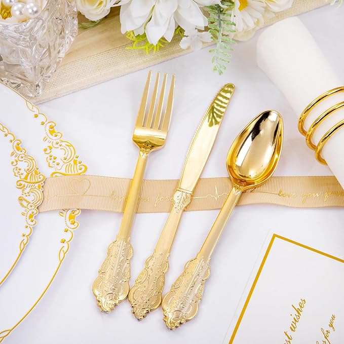 Hioasis 210pcs White and Gold Plastic Plates - Disposable Dinnerware Set Suitable for 30 Guests Include 10.25" Dinner & 7.5" Dessert Plates, Pre Rolled Silverware Set, Cups for Party & Wedding