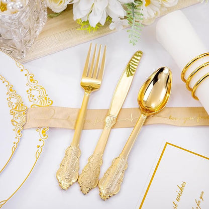 Hioasis 175pcs White and Gold Plastic Plates - Elegant Disposable Dinnerware Set Suitable for 25 Guests Include 10.25" Dinner & 7.5" Dessert Plates, Cutlery, Napkins, Cups for Party & Wedding