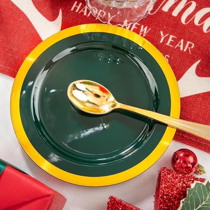 Liacere 175PCS Green Plastic Plates - Emerald Green Party Plates - Disposable Gold Plastic Plate include 50Plates, 25Knives, 25Forks, 25Spoons, 25Cups, 25Napkins for Football Party & Christmas