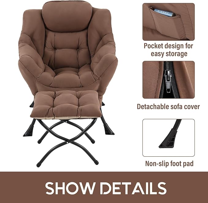 LITA Lazy Chair with Ottoman, Modern Accent Leisure Upholstered Sofa Chair, Contemporary Lounge Reading Chairs with Armrests and a Side Pocket for Living Room, Bedroom & Small Space, Dark Brown