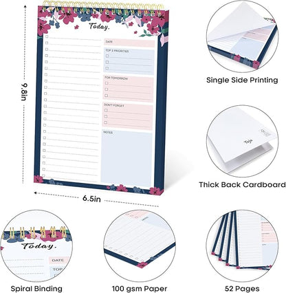 Taja To Do List Notepad - To Do List Notebook for Work with 52 Sheets, 9.8" x 6.5", Undated Daily Planner Perfect for Daily Tasks and Goal Setting, Notepad Suitable for Office, Home & School - Twilight Petals