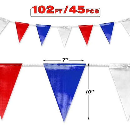 Red Blue White Pennant Banner Flags | OSHA 500lb Rated | Strand Fade Resistant 【102FT】