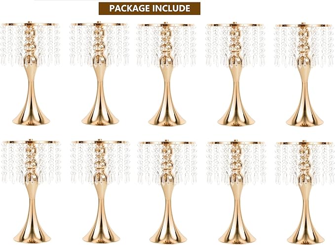 LANLONG Wedding Centerpieces for Tables, 12.99in Metal Gold Vases for Centerpieces, 10PcsTall Crystal Flower Stand for Centerpiece Table Wedding Party Reception Home Decor